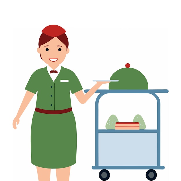 een vrouw in een groene jurk houdt een dienblad met eten vast