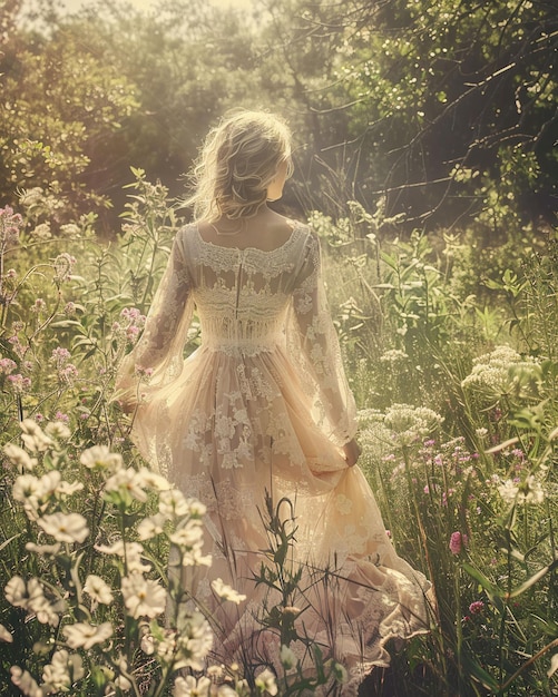 Een vrouw in een jurk die door een veld van bloemen loopt