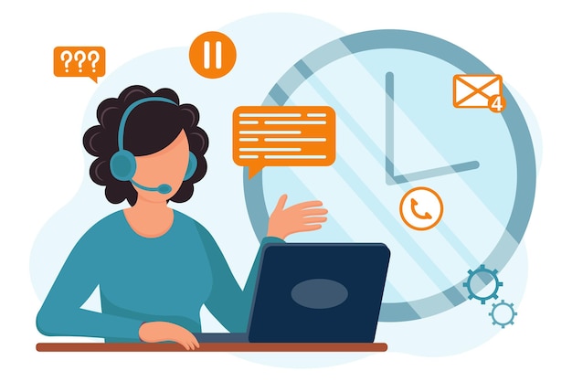 Een vrouw in een koptelefoon met een laptop beantwoordt oproepen op de achtergrond van een wandklok Callcenter