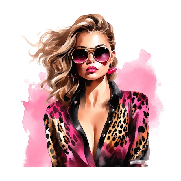 Vector een vrouw in een luipaard print shirt en zonnebril clip art roze gezicht gekleed in dure kleren