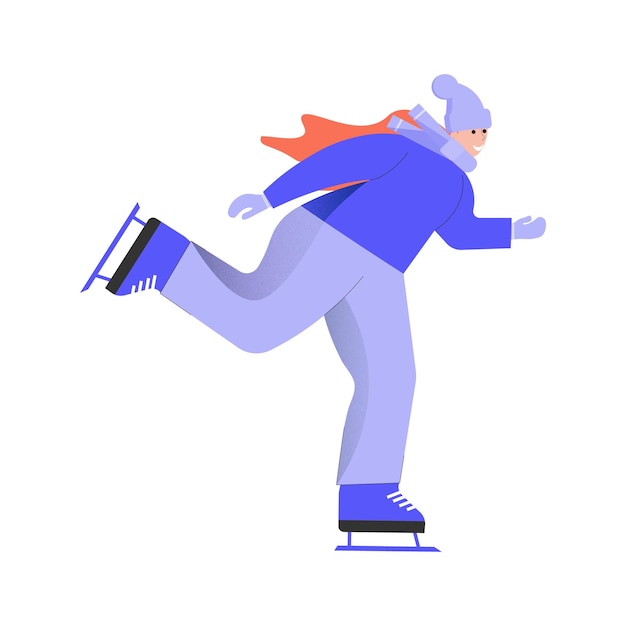 Een vrouw in een muts, sjaal en wanten is aan het schaatsen, stripfiguur, platte vectorillustratie