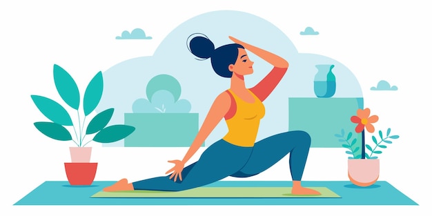 een vrouw in een yoga-houding in een zonnige kamer met bloemen en planten