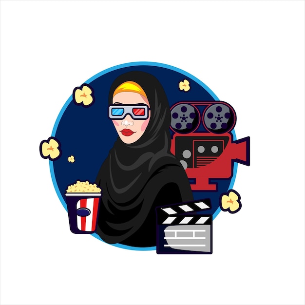 Vector een vrouw in een zwarte hijab en een filmcamera