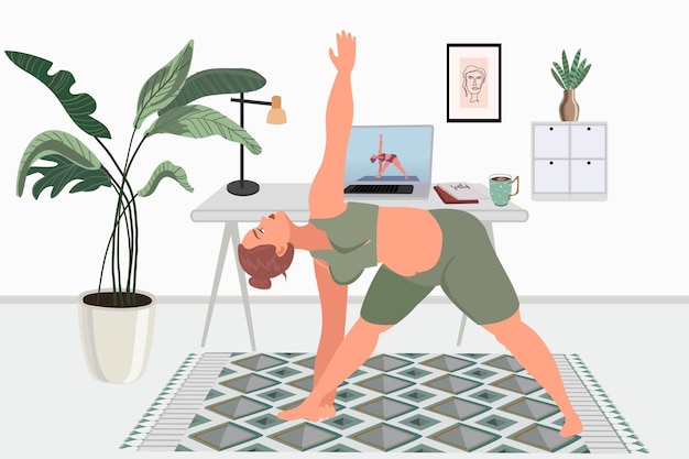 Een vrouw in het appartement doet yoga online lessen Boho-stijl interieur