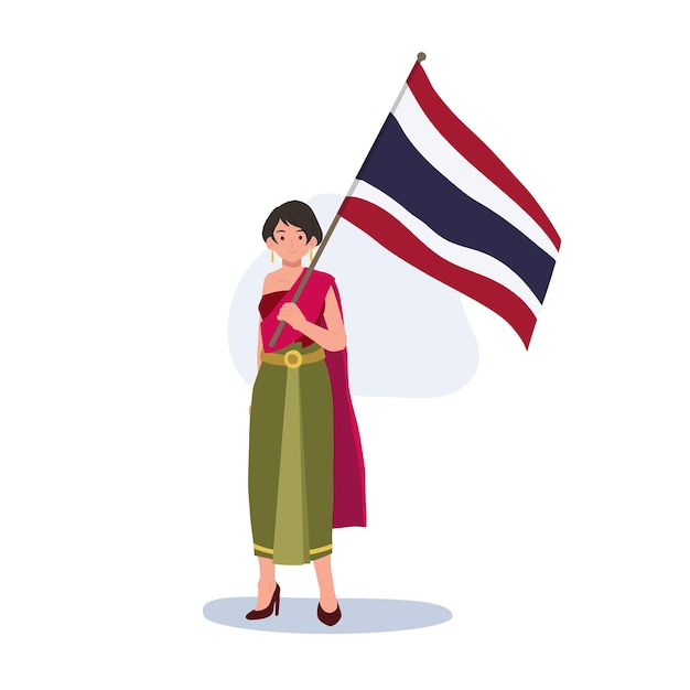 Een vrouw in traditionele Thaise klederdracht houdt de grote vlag van Thailand in haar hand Volledige lengte platte vectorillustratie