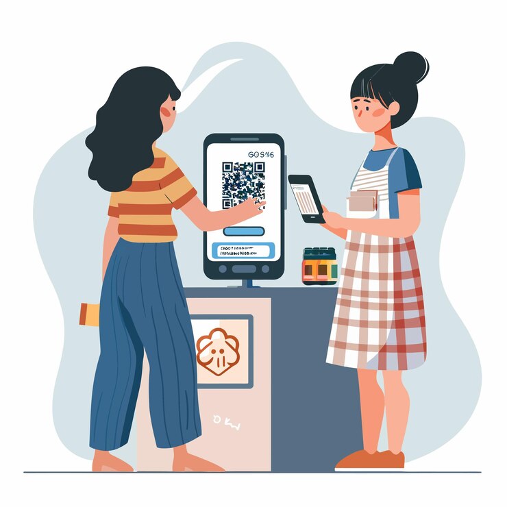 Vector een vrouw kijkt naar een telefoon met een cheque erop.