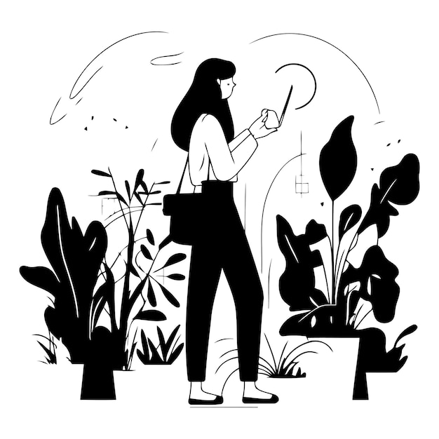 Vector een vrouw kijkt naar haar telefoon in een tuin