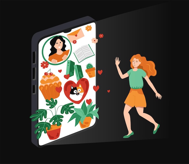 Een vrouw komt het scherm van een smartphone tegen, haar favoriete sociale netwerk houdt van vectorillustratie
