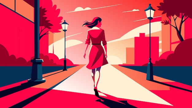 Een vrouw loopt over een stoep in een rode jurk.
