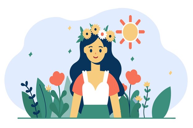 Vector een vrouw met een bloemenkroon geniet van een zonnige dag tussen bloemen