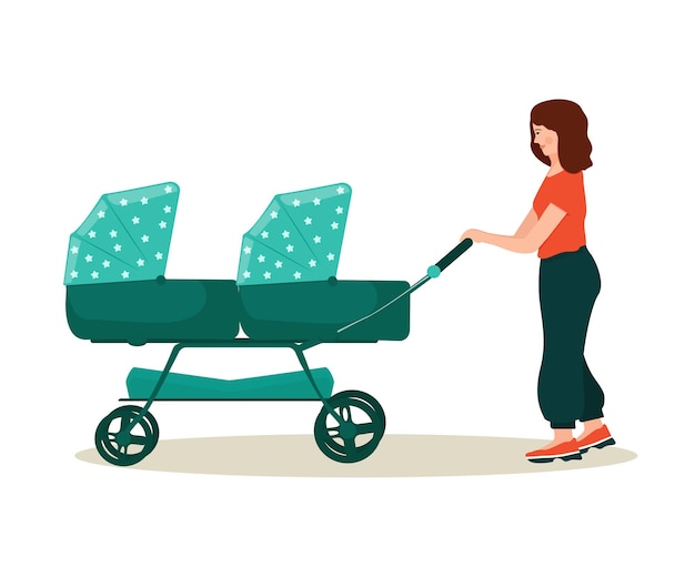 Een vrouw met een kinderwagen voor een tweeling Lopen met kinderen een middel om baby's te vervoeren