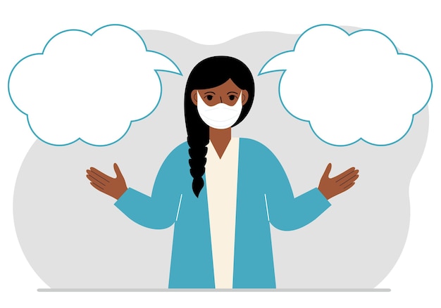 Een vrouw met een medisch masker probeert de juiste beslissing te nemen. Links en rechts zijn lege bubbels. Vergelijking van de twee oplossingen.