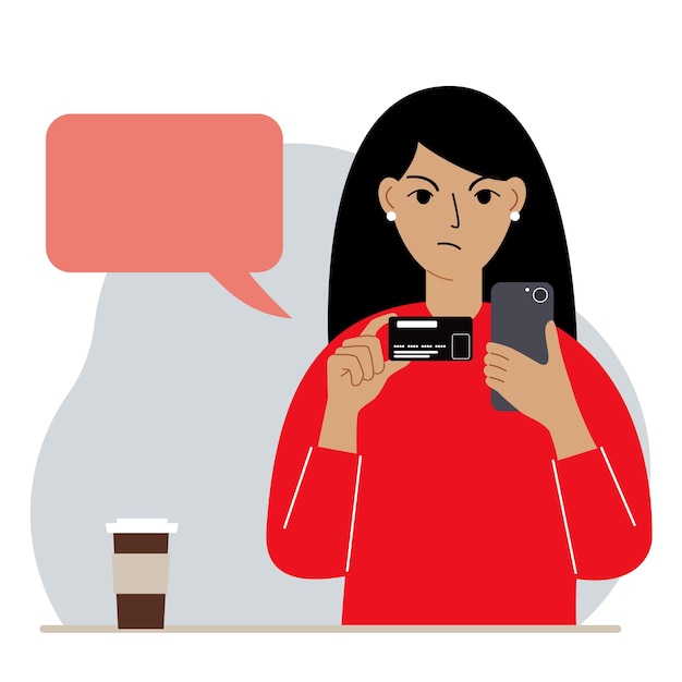 Vector een vrouw met een mobiele telefoon in haar hand houdt een bankkaart vast. concept krediet, storting, betaling, debet online. platte vectorillustratie