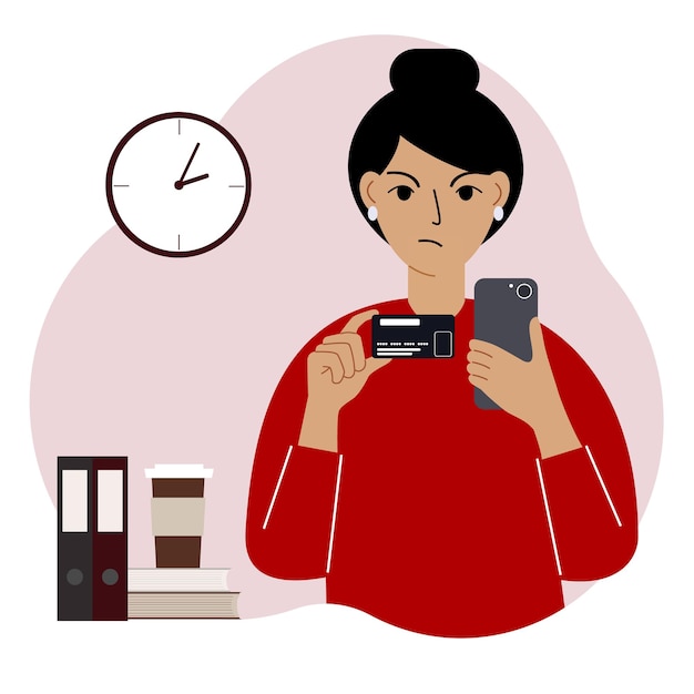 Een vrouw met een mobiele telefoon in haar hand houdt een bankkaart vast. concept krediet, storting, betaling, debet online. platte vectorillustratie