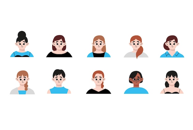 Een vrouw met een modieus kapsel. Een set avatars met het gezicht van een meisje. Platte stijl vector ontwerp