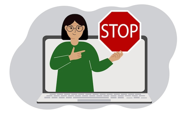 Vector een vrouw met een rood stopbord op een laptop scherm virus aanval fout account of pagina verwijdering