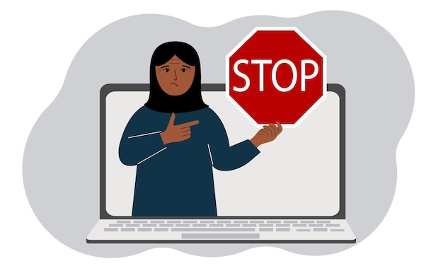 Vector een vrouw met een rood stopbord op een laptop scherm virus aanval fout account of pagina verwijdering