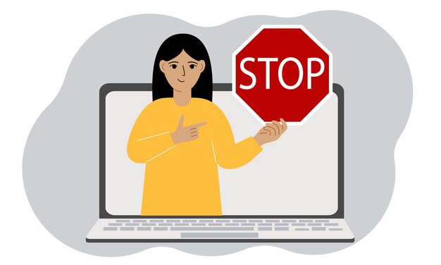 Een vrouw met een rood stopbord op een laptop scherm virus aanval fout account of pagina verwijdering