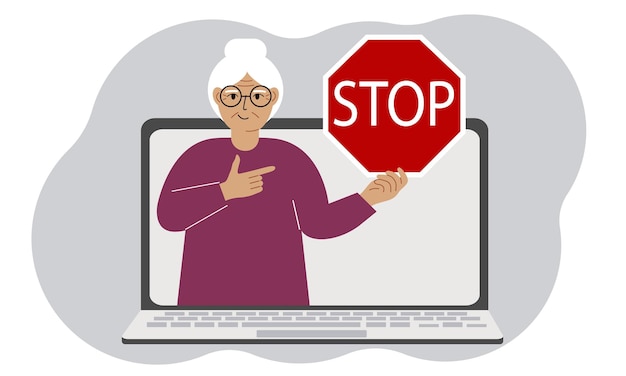 Vector een vrouw met een rood stopbord op een laptop scherm virus aanval fout account of pagina verwijdering