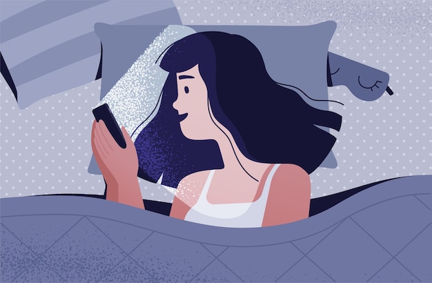 Vector een vrouw met een smartphone in haar handen ligt in het donker op het bed