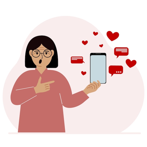 Een vrouw met een smartphone in zijn hand Het concept van correspondentie communicatie sociale netwerken Veel harten