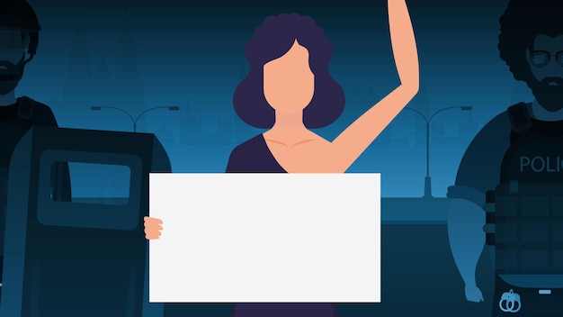 Een vrouw met een spandoek op de achtergrond van de stad Protest concept Vector illustratie