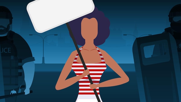 Een vrouw met een spandoek op de achtergrond van de stad Protest concept Vector illustratie