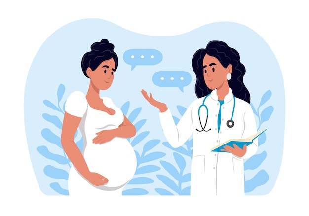 Een vrouw met een zwangere buik praat met een dokter.