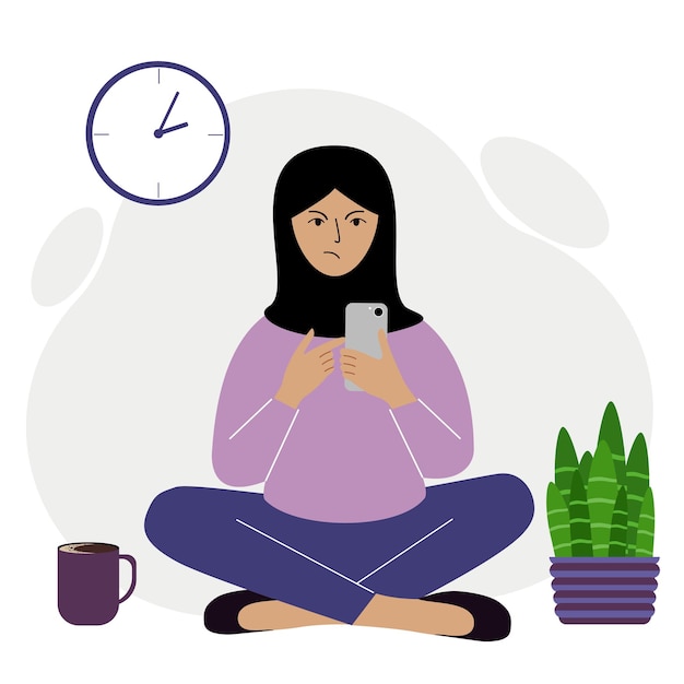 Een vrouw met een zwarte hoofddoek zit boos, in kleermakerszit, achter een mobiele telefoon. Werken op afstand of online communicatie. Platte vectorillustratie.