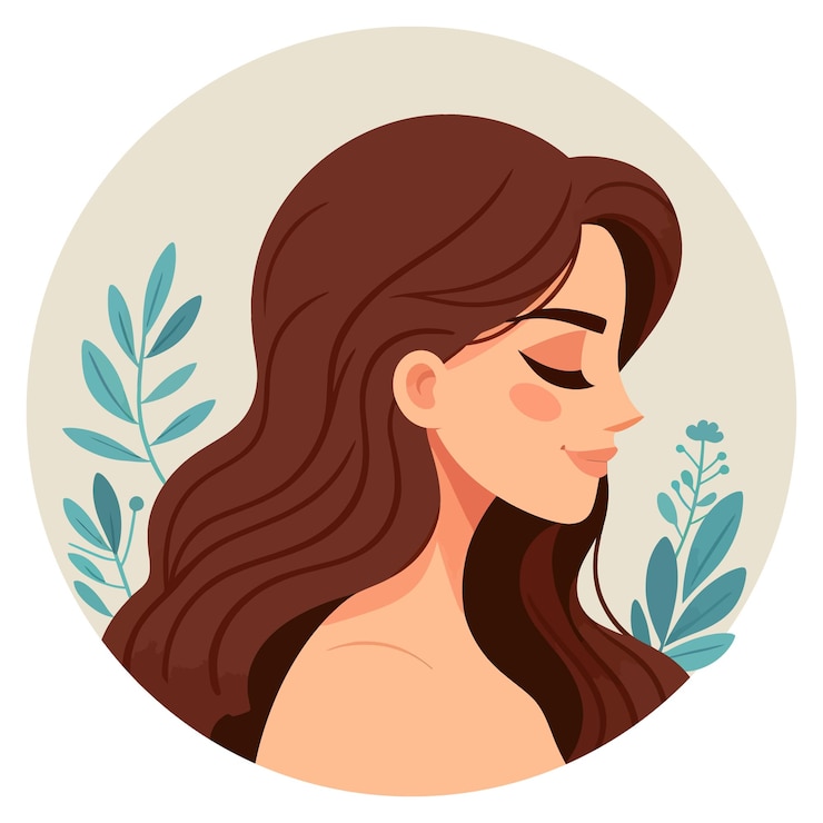 Vector een vrouw met lang bruin haar en een blauwe bloem in haar haar
