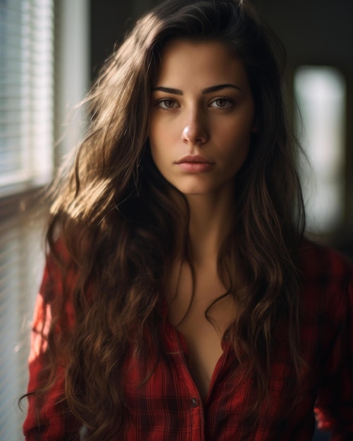 Een vrouw met lang haar en een rood shirt.