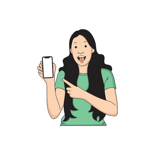Een vrouw met lang haar toonde iets op haar mobiele telefoon terwijl ze lachte.