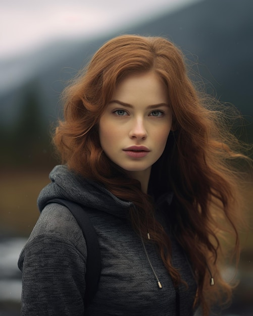 Vector een vrouw met lang rood haar die voor een berg staat.