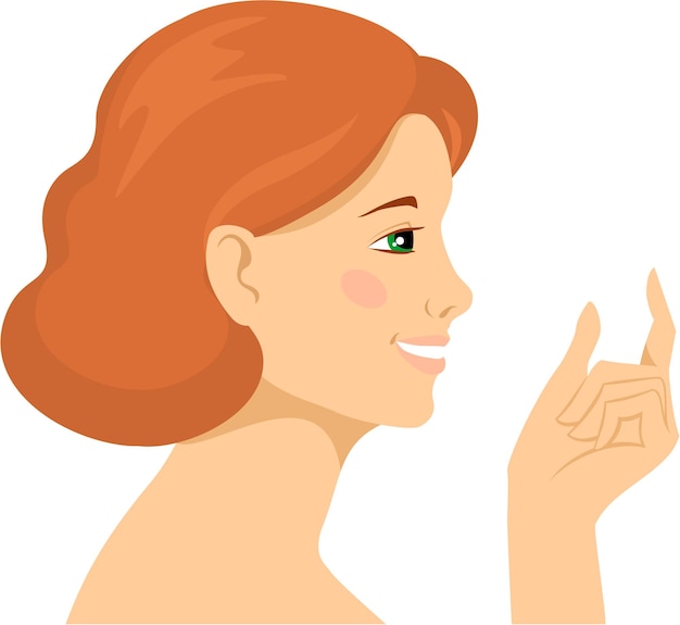 Een vrouw met rood haar en een groen oog houdt een vinger omhoog en de andere hand wijst naar rechts.