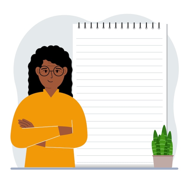 Een vrouw naast een groot notitieblok of een groot notitieboekje Het concept van het vullen van een notitieboekje of notitieblok met het schrijven van notities timemanagementplanning