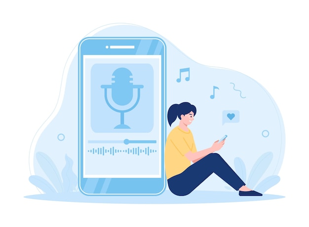 Een vrouw ontspant zich door naar muziek te luisteren concept plat illustratie