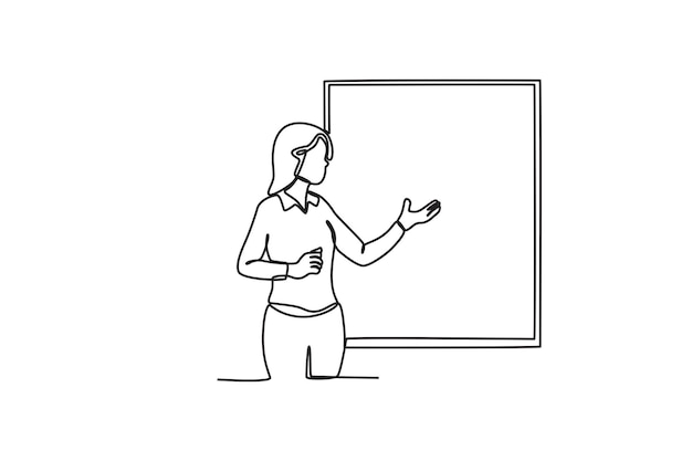 Een vrouw richt zich op een presentatie in de klas Presentatie online tekening