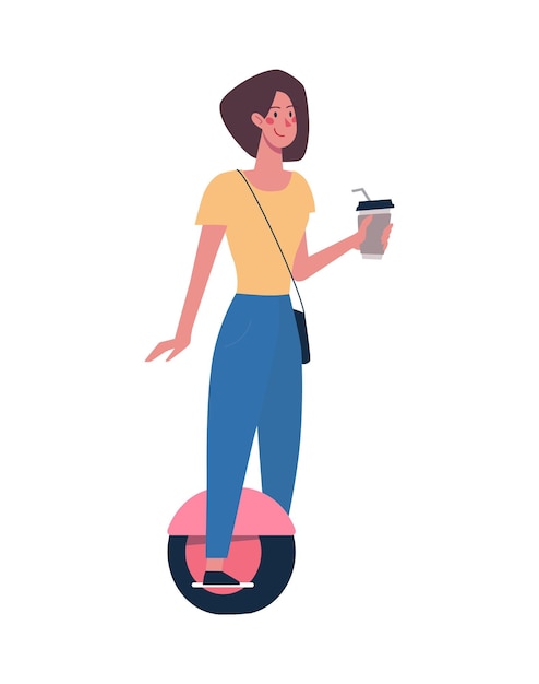 Een vrouw rijdt op een moderne segway en drinkt koffie