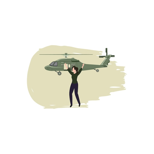 Vector een vrouw tilt een helikopter op met het woord helikopter erop.