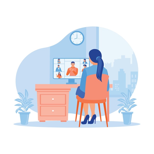 Een vrouw voert een videogesprek met haar collega en praat met collega's over conferentietechnologie