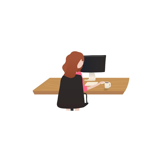 een vrouw zit aan een bureau met een koffiekop en een computermonitor