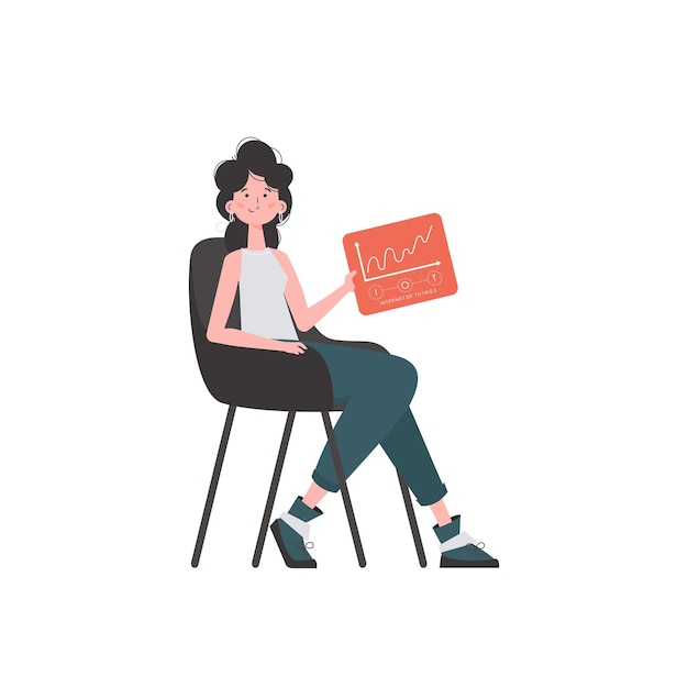 Een vrouw zit in een stoel en houdt een paneel met analysatoren en indicatoren in haar handen Internet of things-concept Geïsoleerde Trendy vlakke stijl Vector