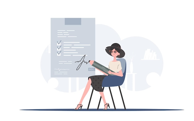 Een vrouw zit in een stoel en zet haar handtekening op een bedrijfsdocument met een potlood Partnership Element voor presentatie Vector illustratie