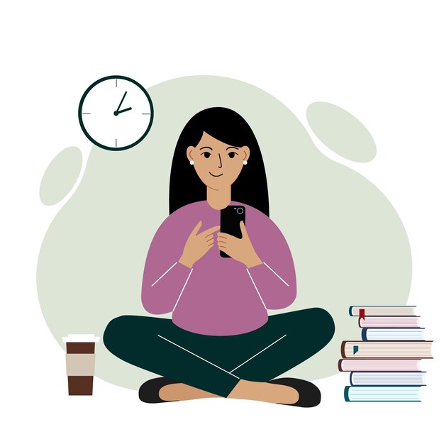 Een vrouw zit in kleermakerszit en werkt in een mobiele telefoon. Werken op afstand of communicatie via internet. Tevreden, blij. Platte vectorillustratie.