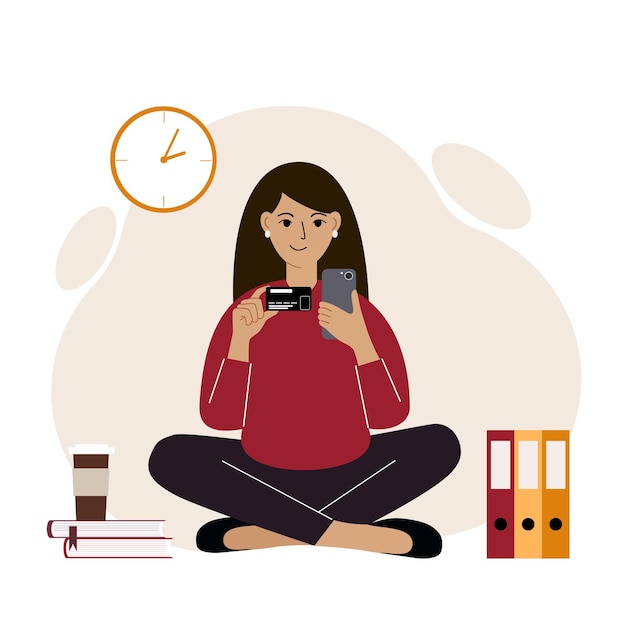 Een vrouw zit in kleermakerszit met een mobiele telefoon in de ene hand en een bankkaart in de andere. Concept van online krediet, aanbetaling, betaling, debet. Platte vectorillustratie