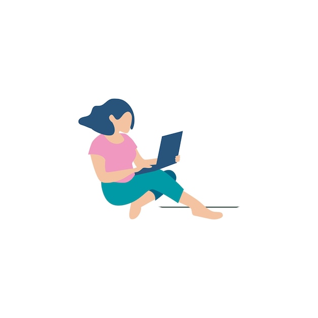 een vrouw zit op de grond en gebruikt een laptop