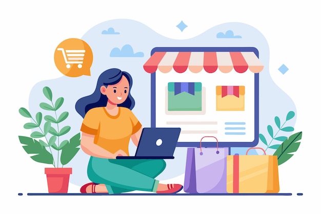 Een vrouw zit op de vloer met een laptop een vrouw die online winkelt Eenvoudige en minimalistische platte vectorillustratie