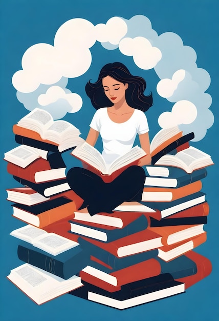 een vrouw zit op een stapel boeken en een afgeronde wolk achter haar