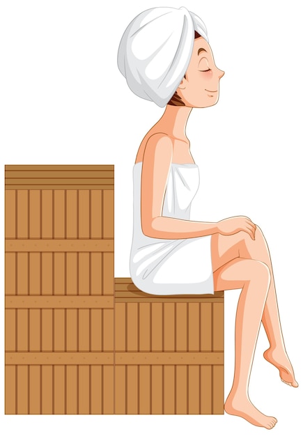 Een vrouw zittend op een houten bankje in de sauna