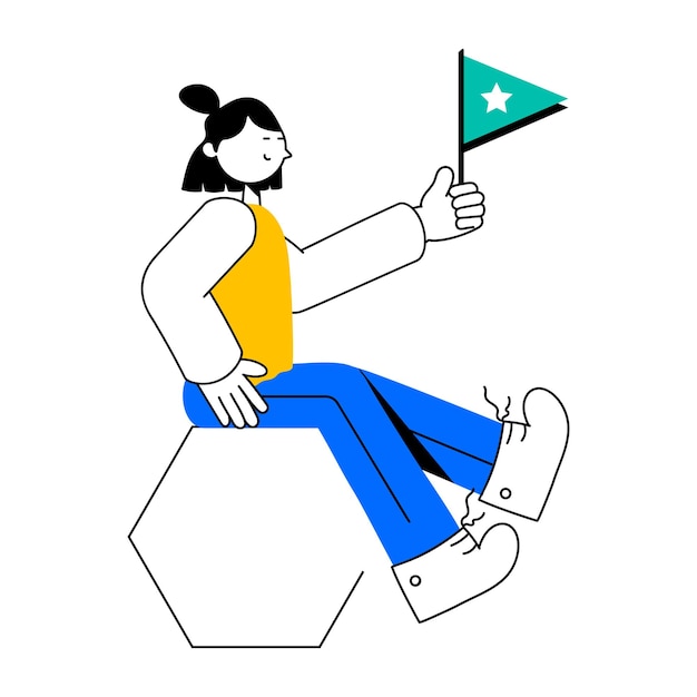 Een vrouw zittend op een kubus met een groene vlag op haar borst.
